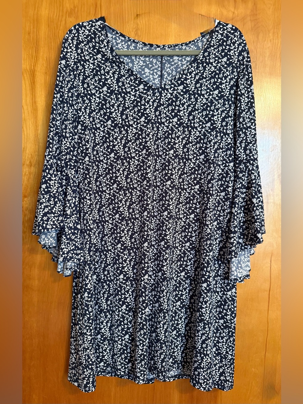 Navy Floral V-Neck Swing Dress with Ruffled Sleeves